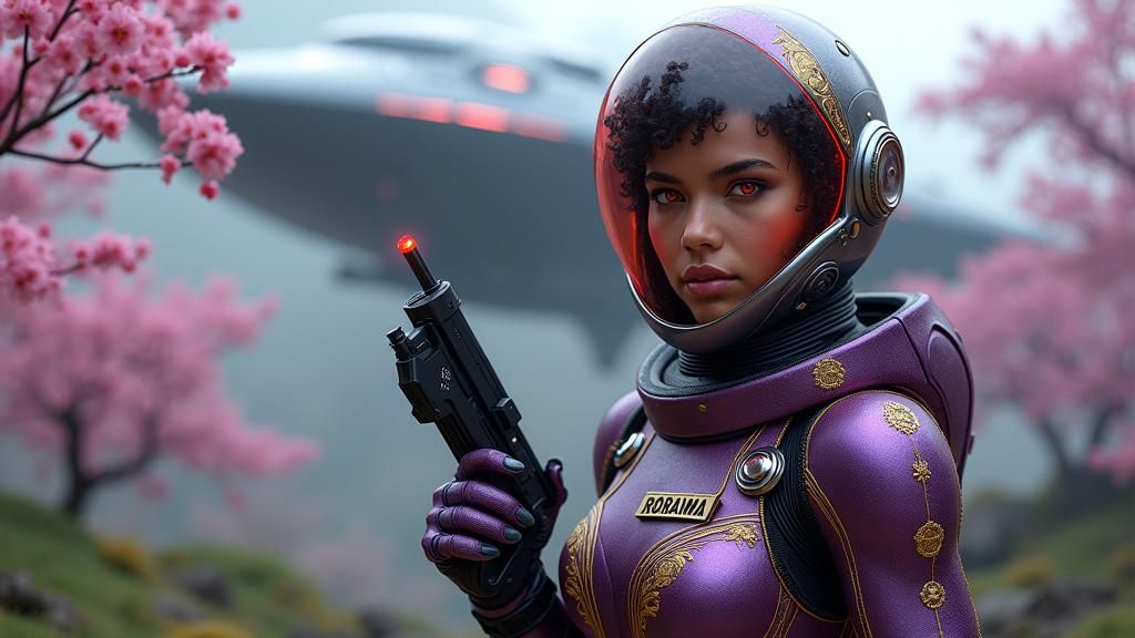 Venezuelan Woman in Spacesuit with Laser Rifle