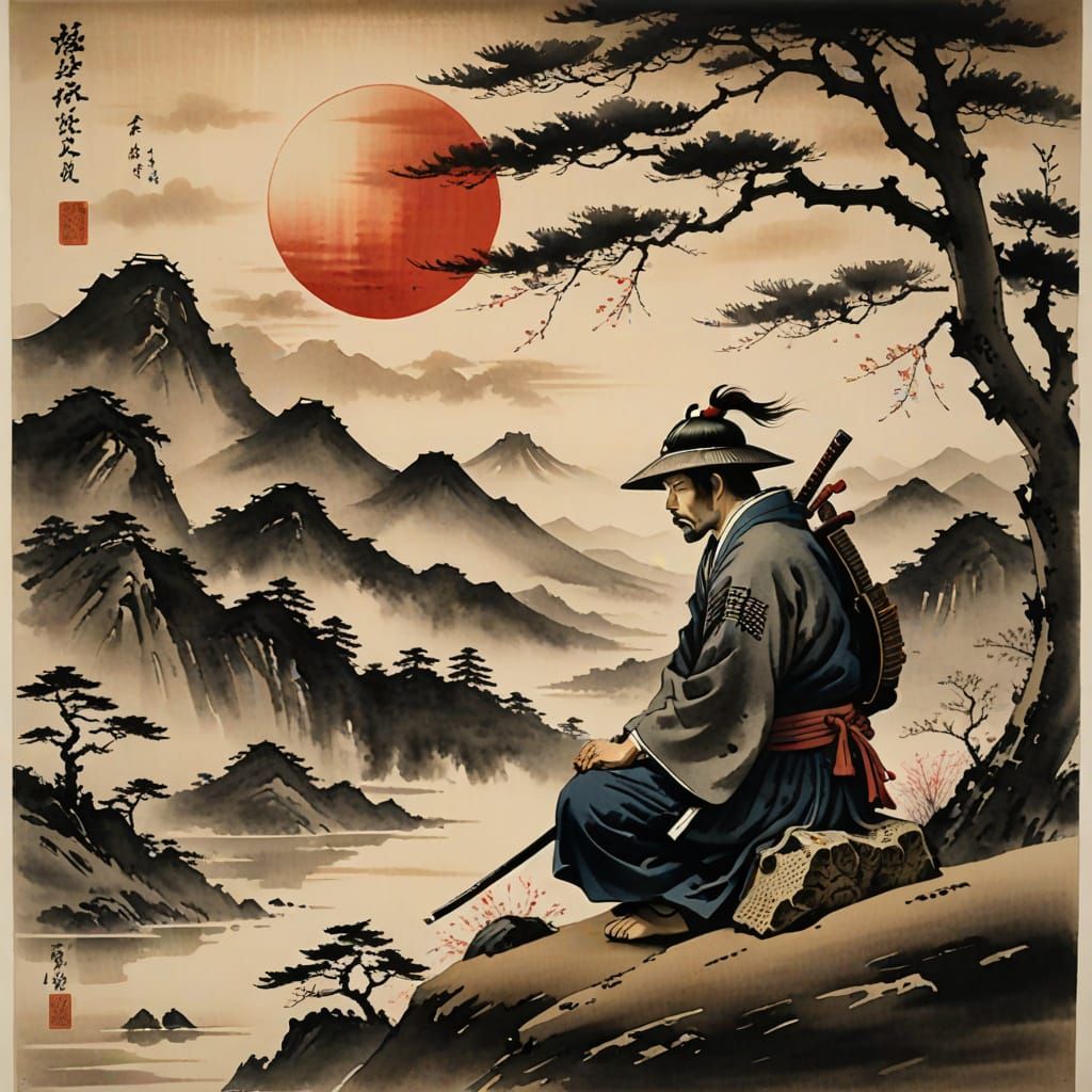 A Samurai in Contemplation, Ink Wash Painting in Traditional...