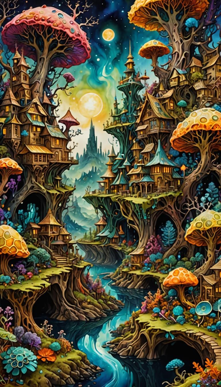 Fractal Creatures in Alcohol Ink Landscape