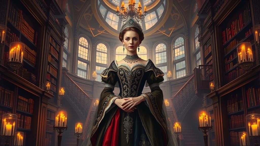 Baroque Woman in Dreamlike Library, as Oil Painting