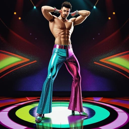 A beefcake in disco bell-bottom pants dancing on a funky, abstract Zentangle disco floor.