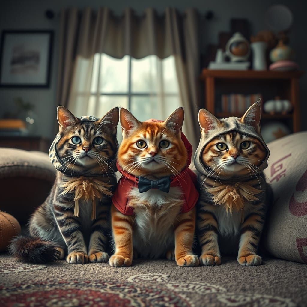 Cats in Whimsical Costumes Bask in Warm, Moody Light