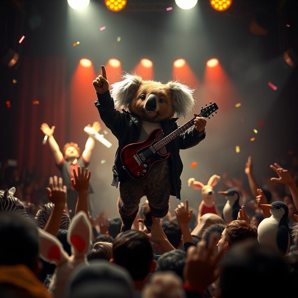Koala Crowd Surfing at Rock Concert in Cinematic Style