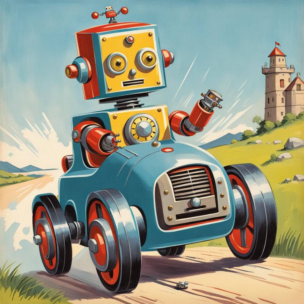 Happy Robot Drives Toy Car: 1950s Adventure Cover