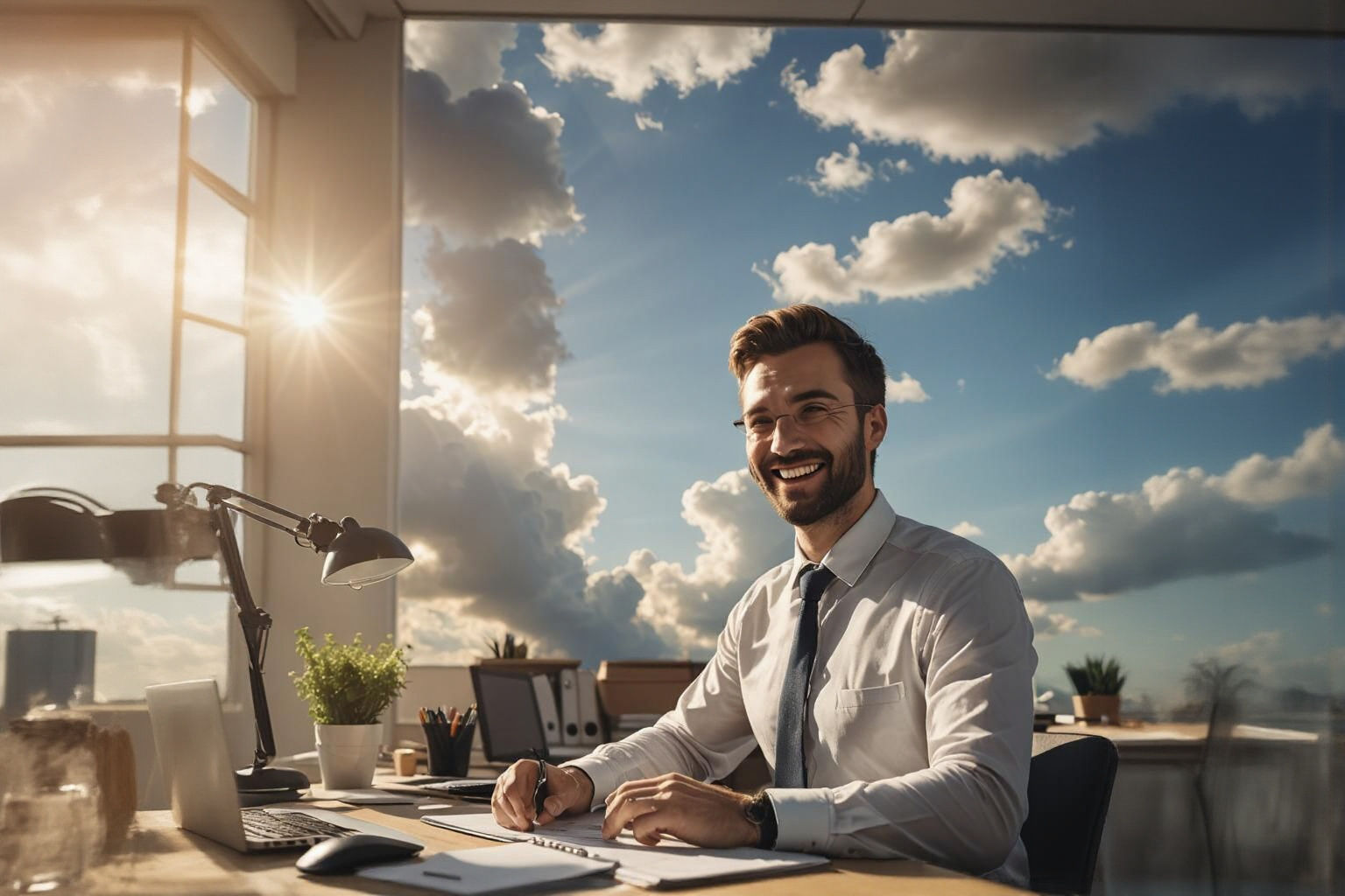 Happy Man Working in Office with Sunshine