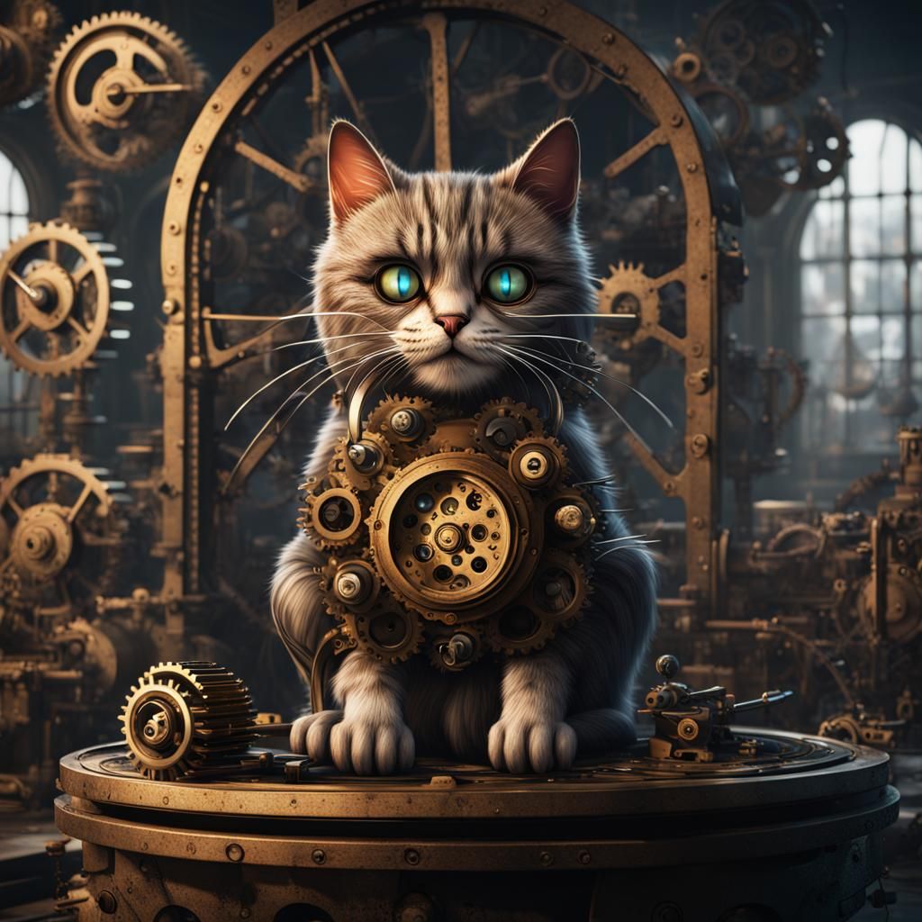 Clockwork Cat with Blue Eyes, Detailed Matte Painting