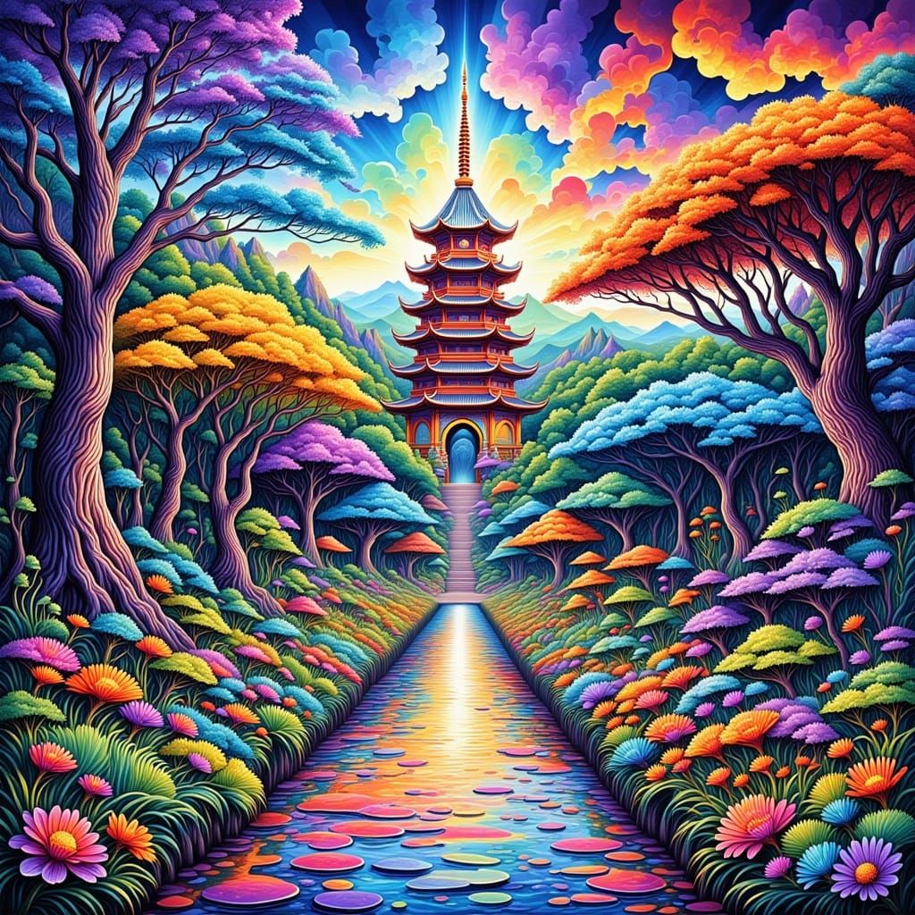 Rococo-Psychedelic Garden Pagoda in Gouache Style