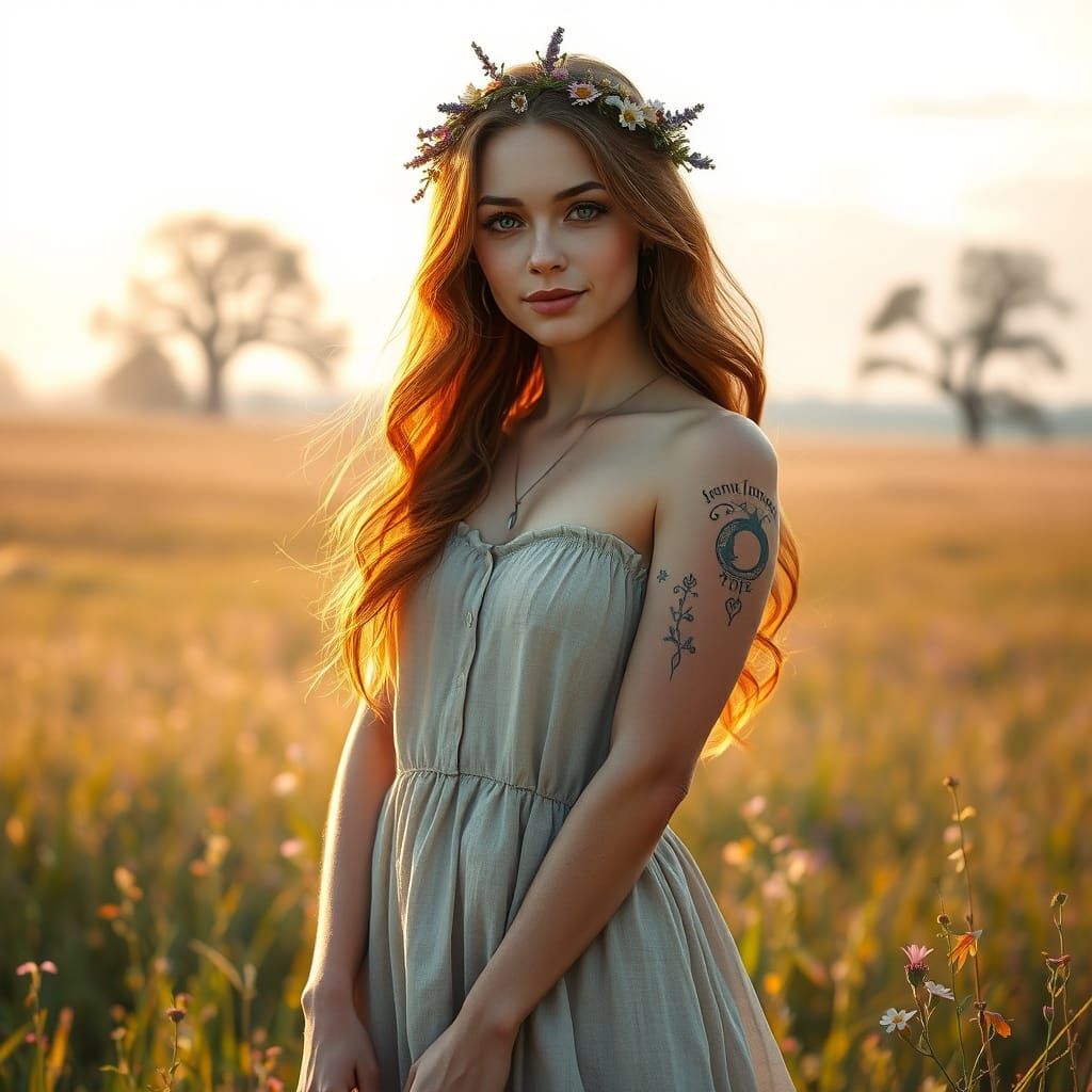 Digital Portrait of Woman in Meadow with Slavic Tattoos
