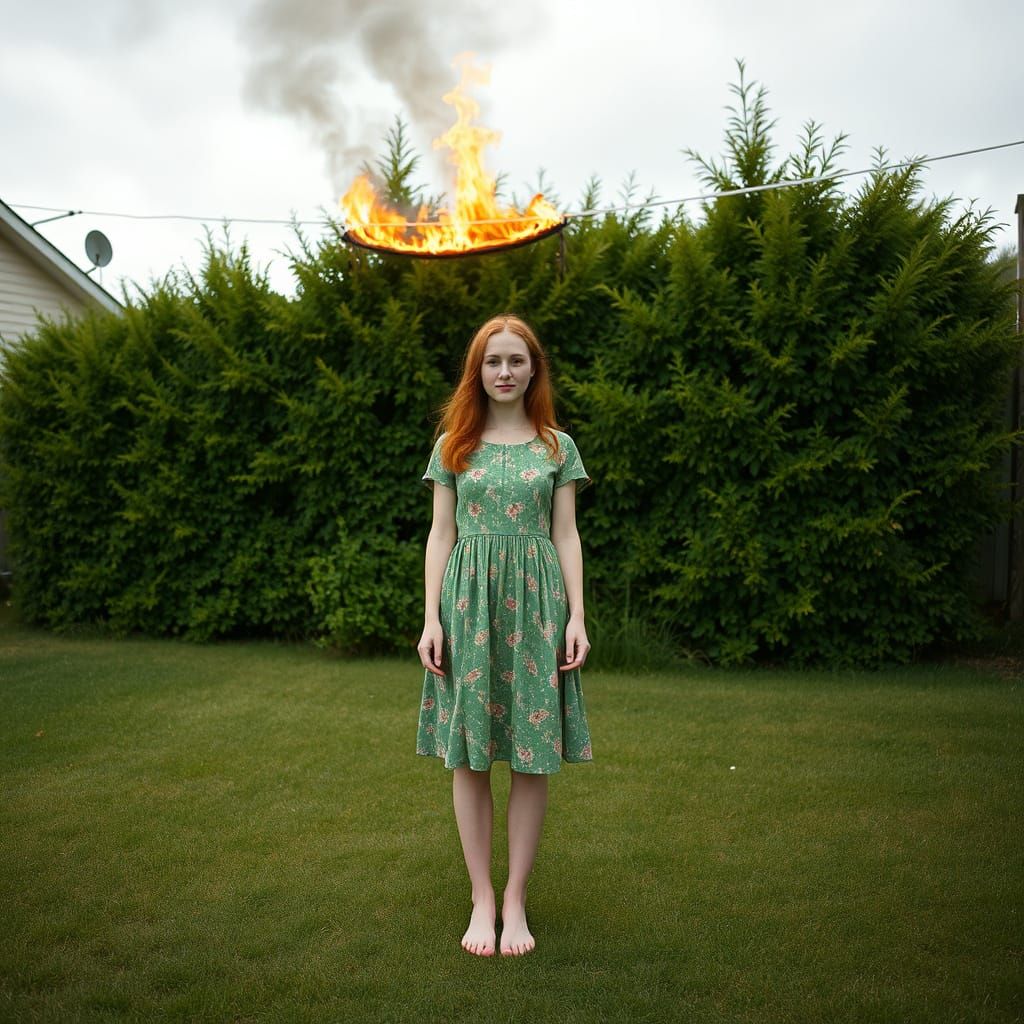Redhead Woman in Burning Backyard, Dreamlike Photo