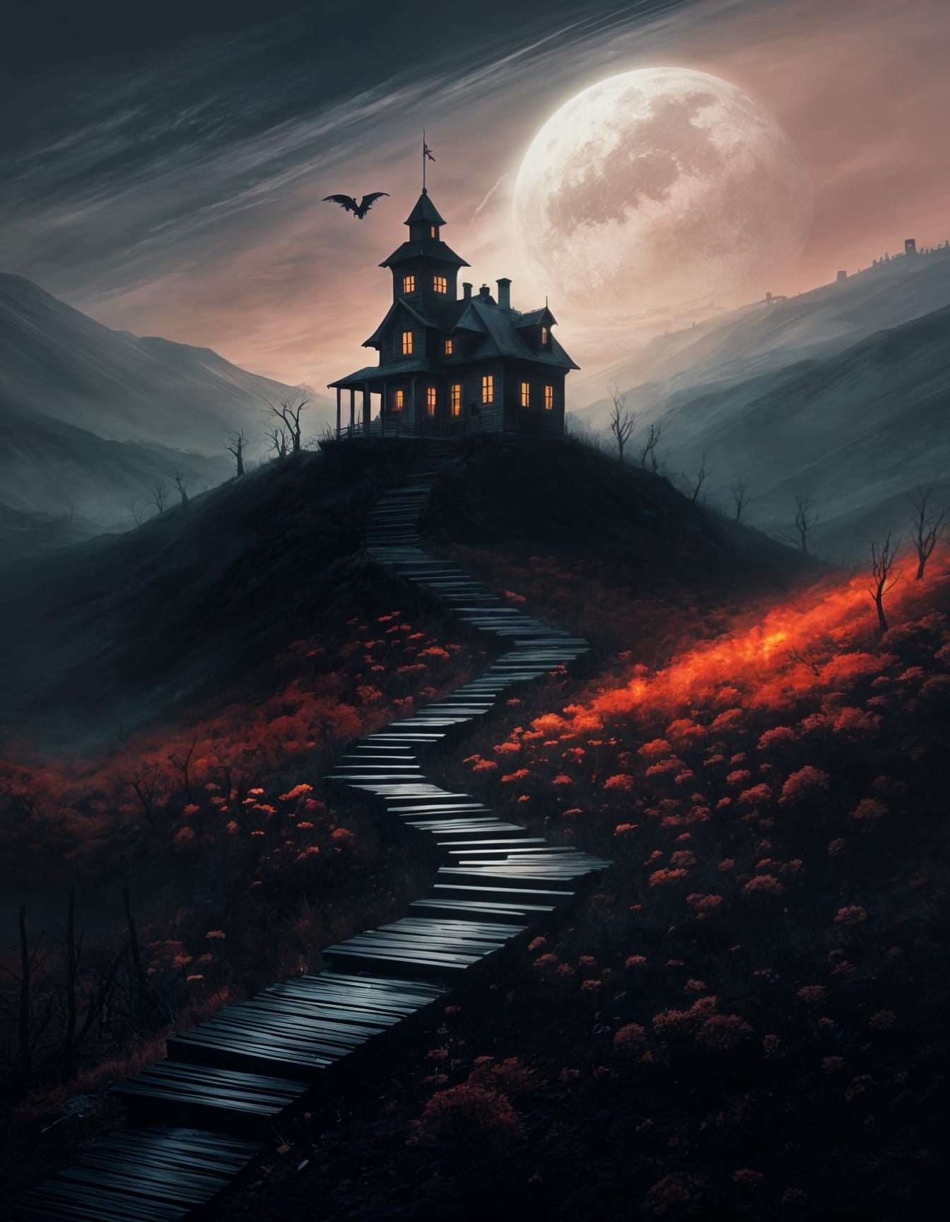 Eerie Haunted House on a Hill in Comic Book Style