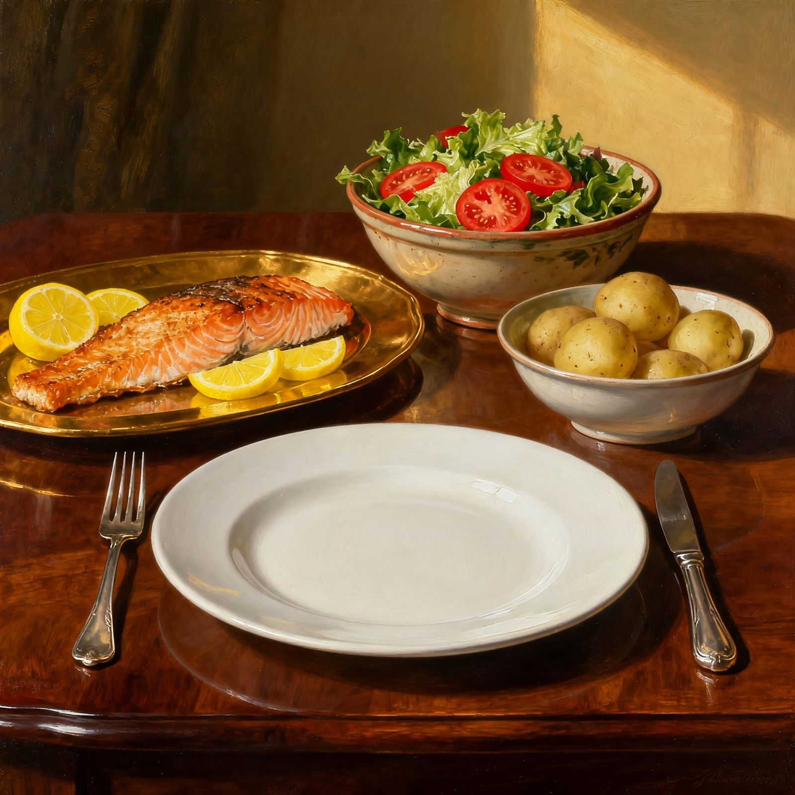 Hyperrealistic Still Life of a Salmon Dinner