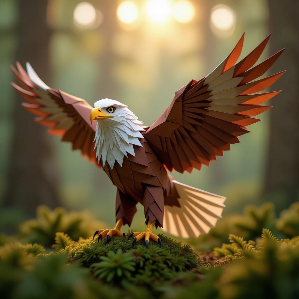 Majestic Origami Eagle in Detailed Pine Forest
