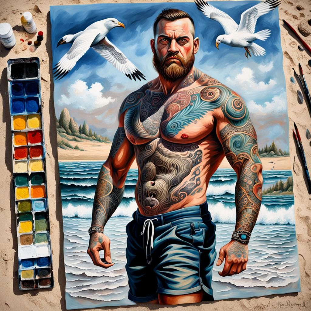 Seal Portrait with Gulls, Impasto Oil Painting