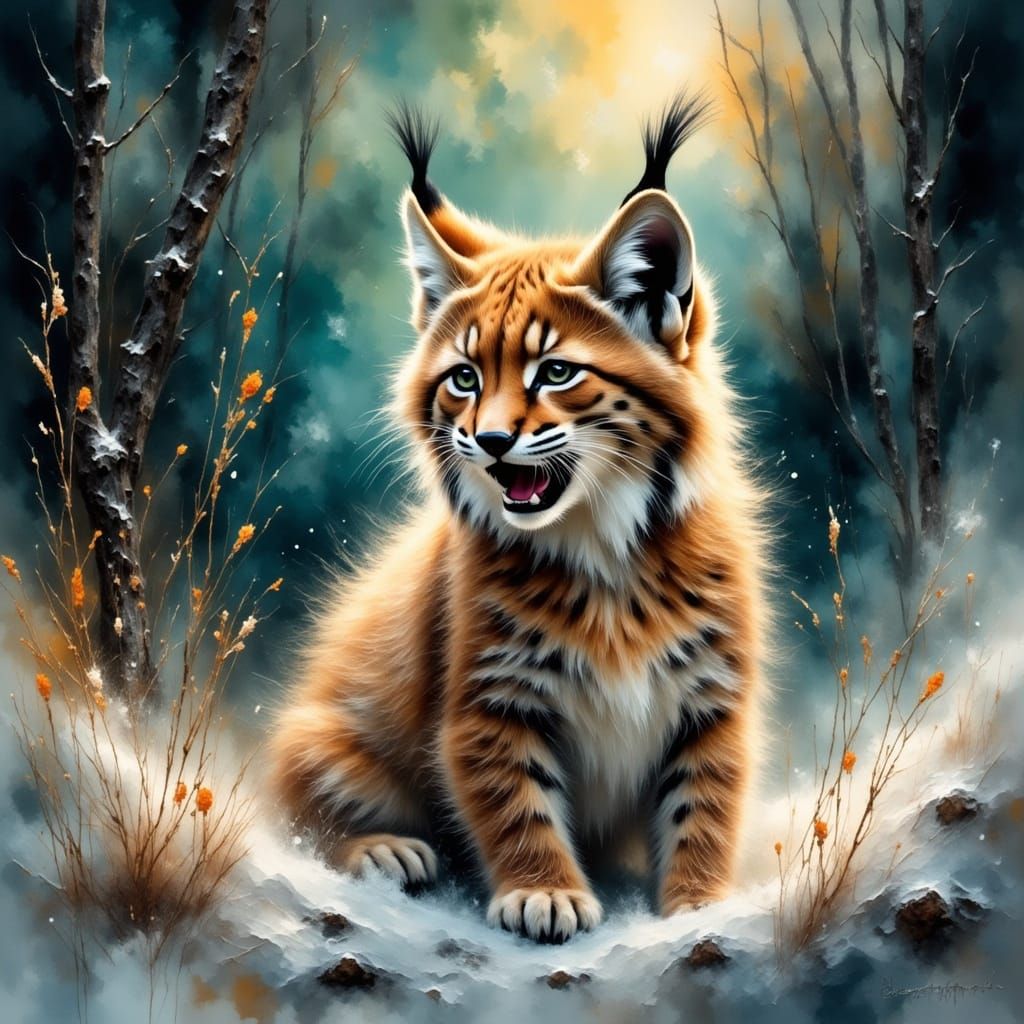 Lynx in a Stormy Blizzard Landscape, in Distressed Oil Paint...