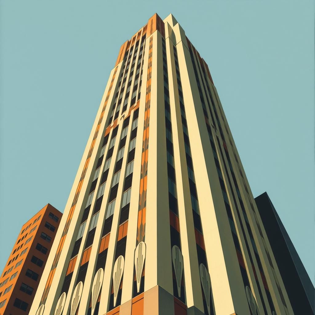 A striking Art Deco skyscraper painted in the style of Charl...