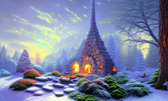 Ethereal Winter Village Forest Scene in a Thomas Kinkade Sty...