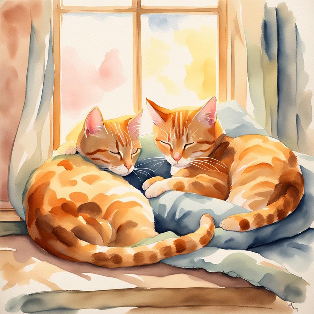 Two Cats Sleeping in Watercolor Painting