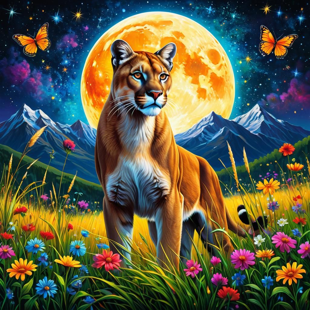 Majestic Mountain Lion in Naive Art Landscape