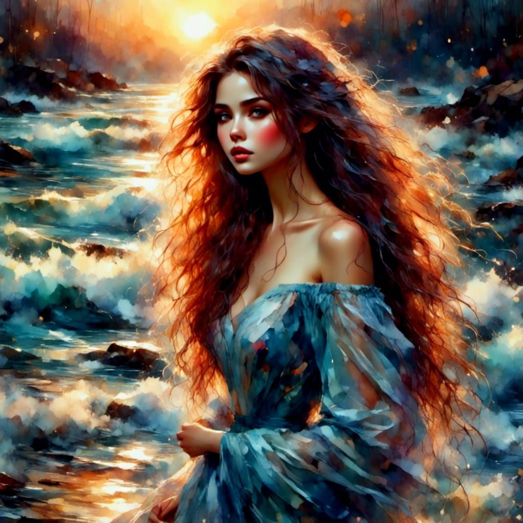 Elegant Woman in Flowing Gown with Digital Ink Effects