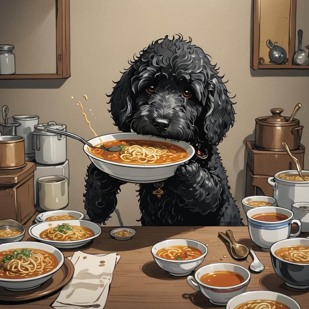 Miniature Doodle Eating Soup in Anime Style