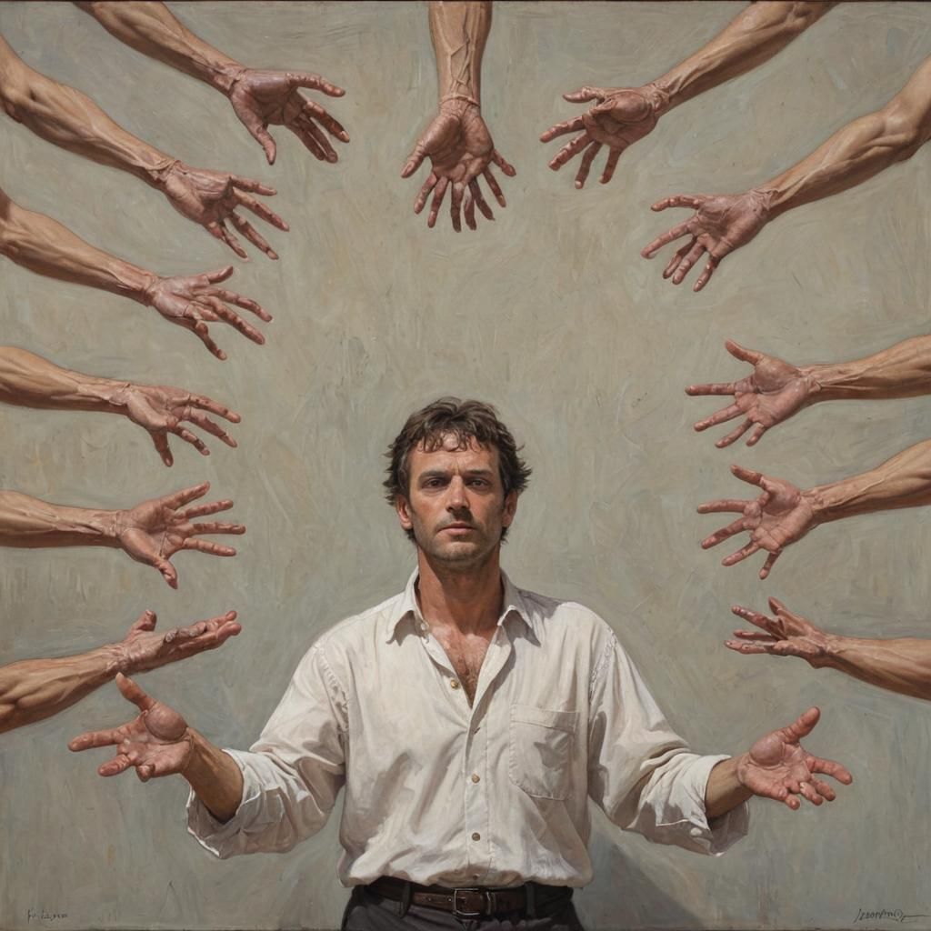Eight-Armed Man: A Surreal Oil Painting