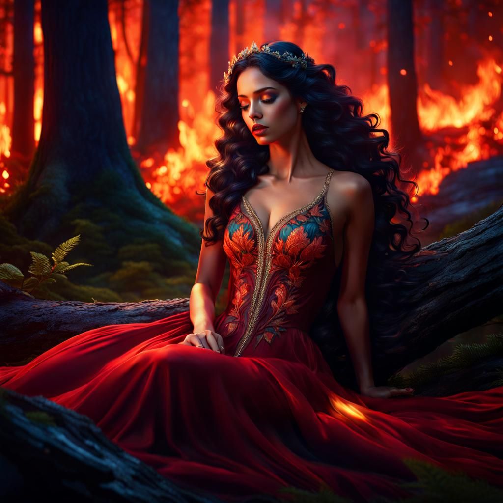 Woman Asleep in Forest Clearing at Night