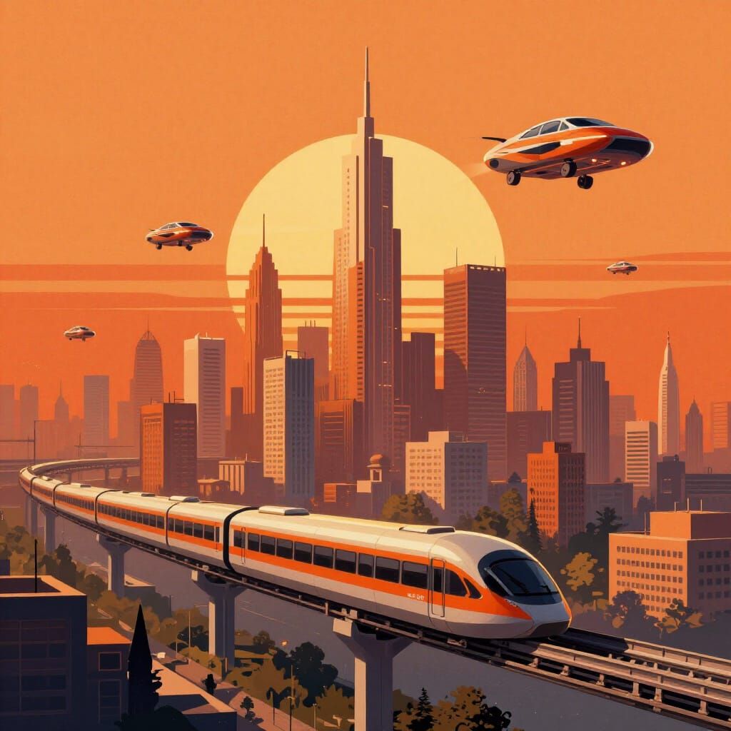 Futuristic Megalopolis at Sunset with Flying Cars