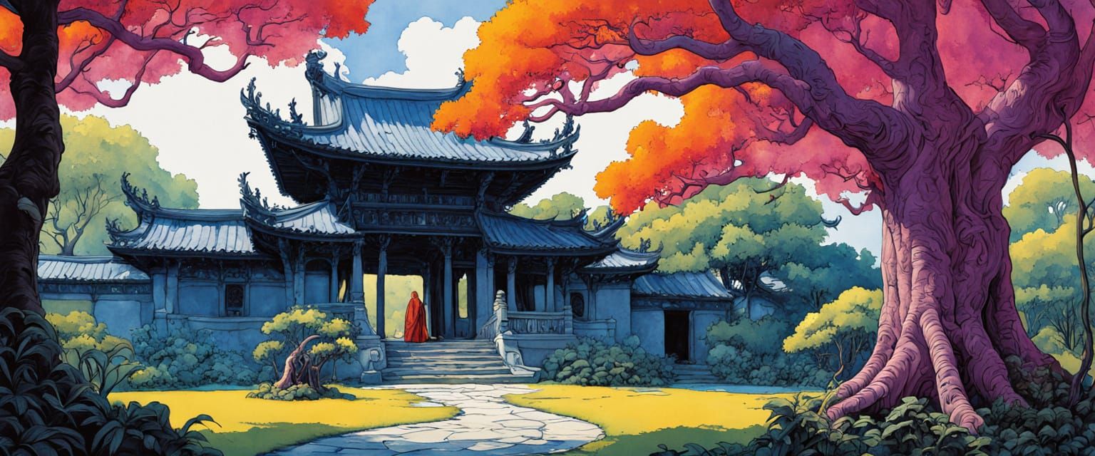 Rainforest Temple Scene in Watercolor Comic Style