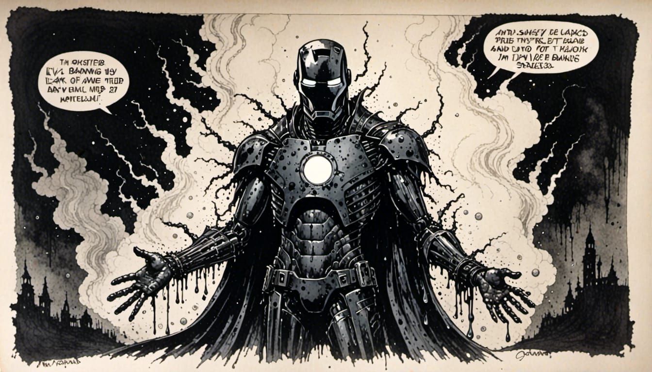 Dark Decaying Ironman in 1970s Comic Style
