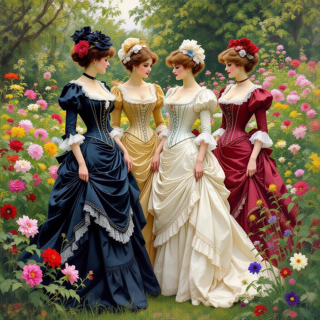 Victorian Ladies in a Lush Garden: Pre-Raphaelite Style