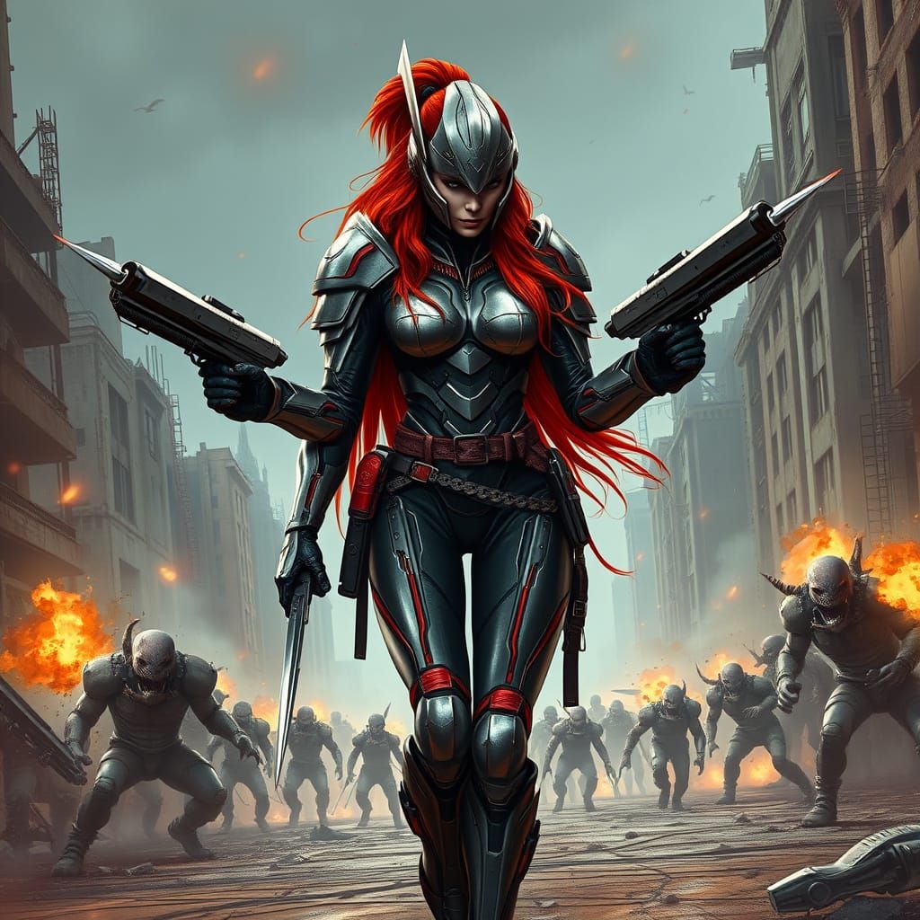 Sleek Red-Haired Warrior Woman Strolls Down Post-Apocalyptic...
