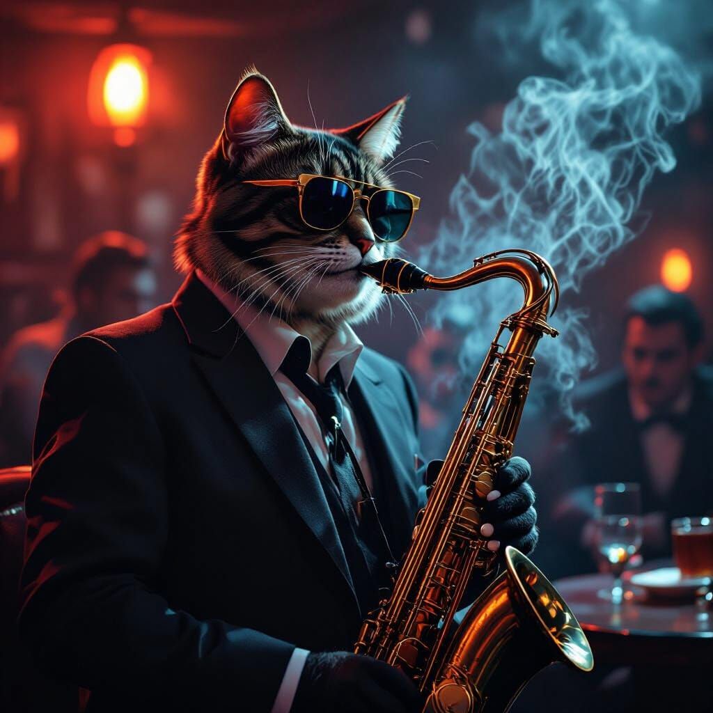 Cool Cat Saxophonist in Film Noir Jazz Club
