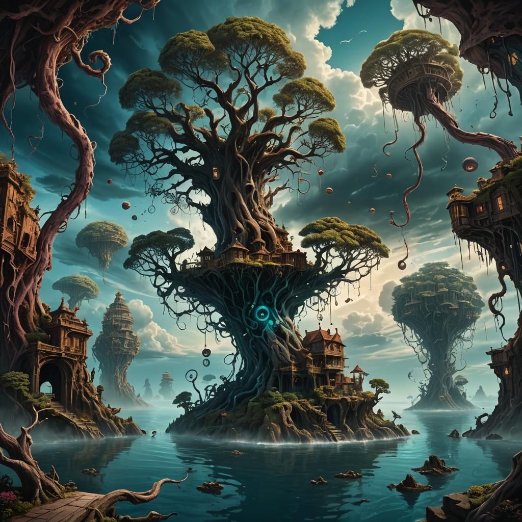 Surreal Floating Nightmare Islands in Dreamlike Sky