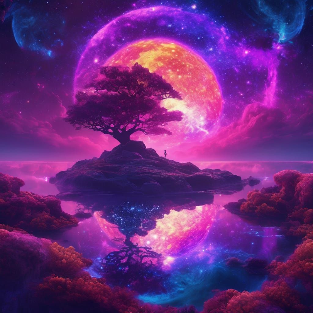 Lone Figure Under Starry Sky on Floating Island