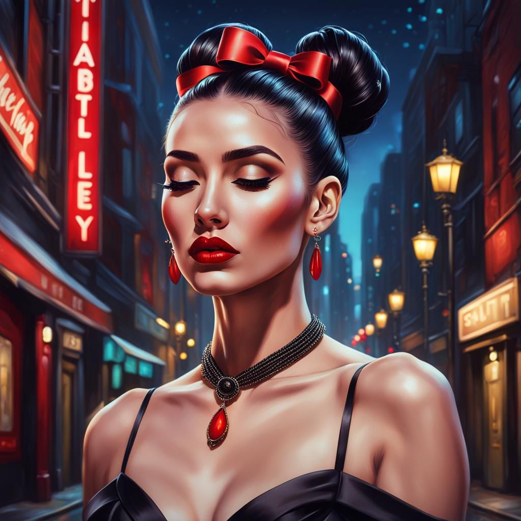 Elegant Woman with Red Lips in City Alley