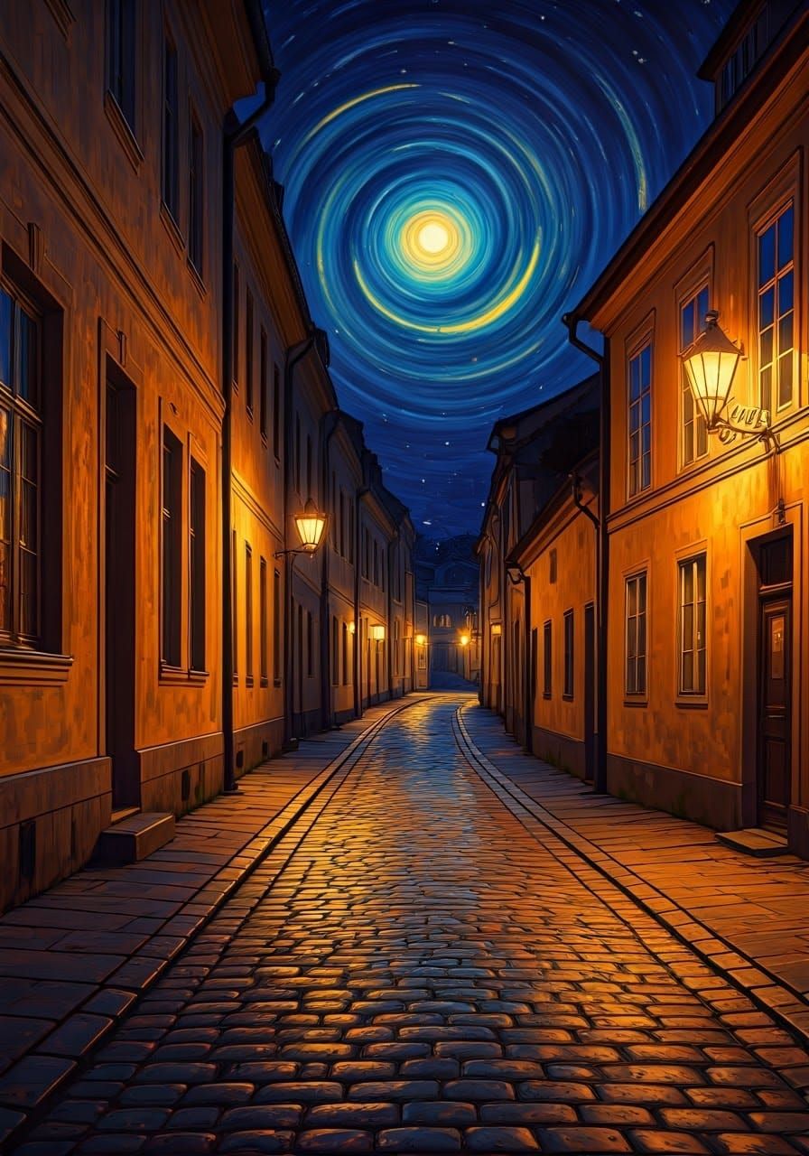 Narrow Village Street Scene in Warm, Expressive Colors