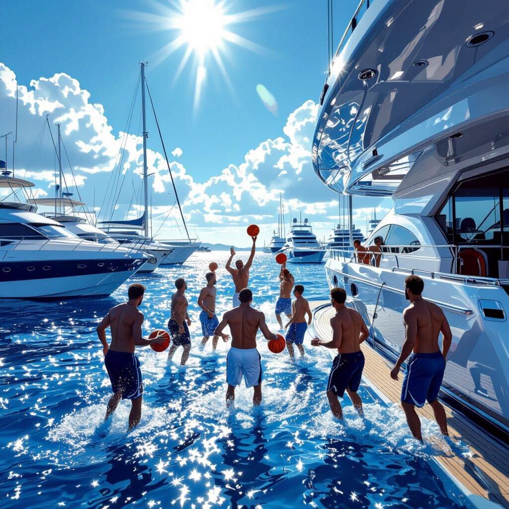Men Playing Basketball on Yacht Amidst Boats