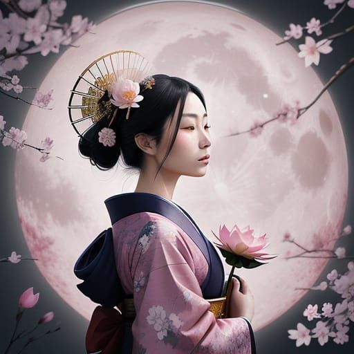 Ethereal Geisha with Lotus Blossom in Moonlit Village