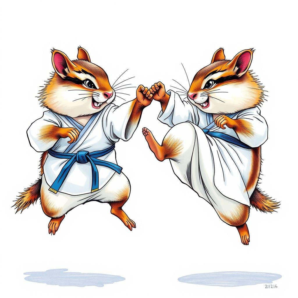 Funny Karate Chipmunks Sparring in Surreal Style