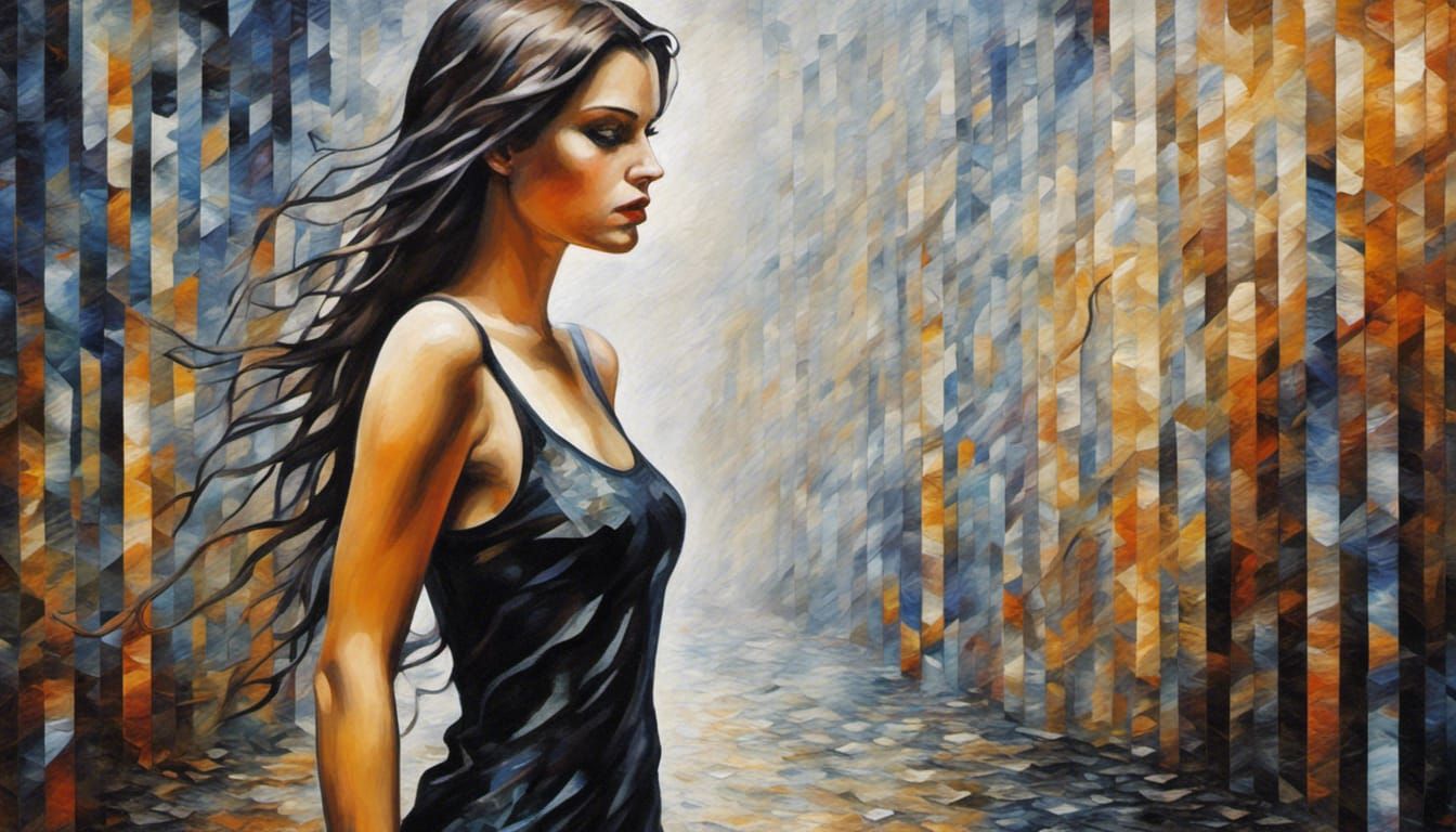 Brunette Woman's Geometric Walk: Detailed Digital Painting