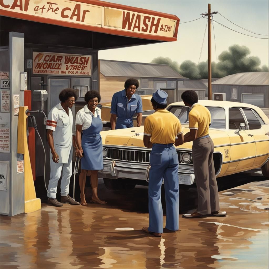 1970s Car Wash: Photorealistic Scene of Workers