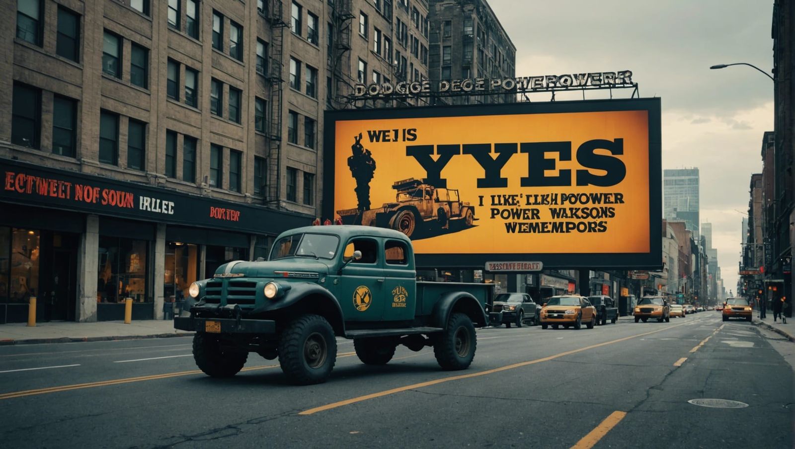 a large billboard with Text which reads "Yes, I like Dodge Power Wagons!"