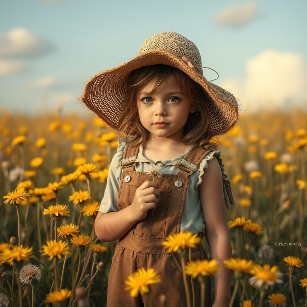 A young girl in a large straw hat and tattered overalls stands amidst dandelions, holding a flower.