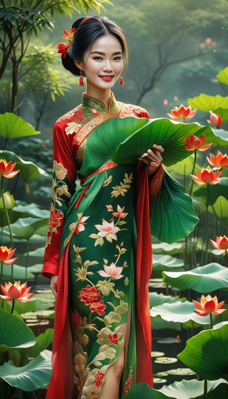 Vietnamese Woman in Red Áo Dài Digital Art