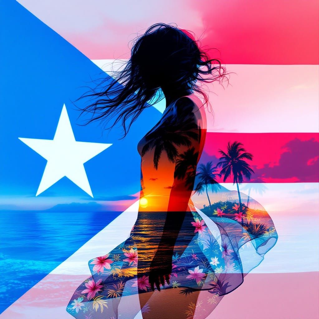 Surreal Puerto Rican Woman Silhouette on Vibrant Flag Backgr...