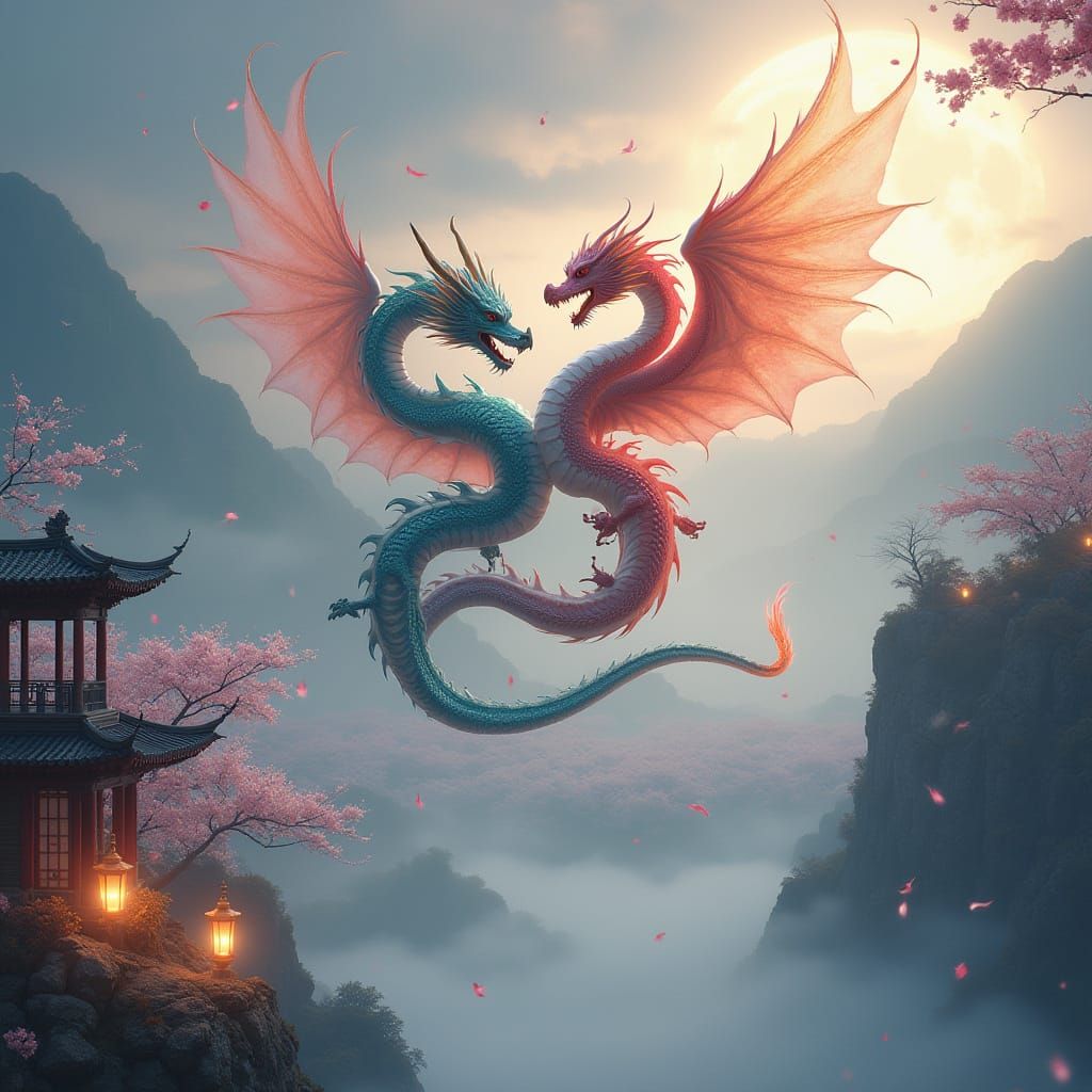 Dragon and Phoenix in Celestial Dreamscape
