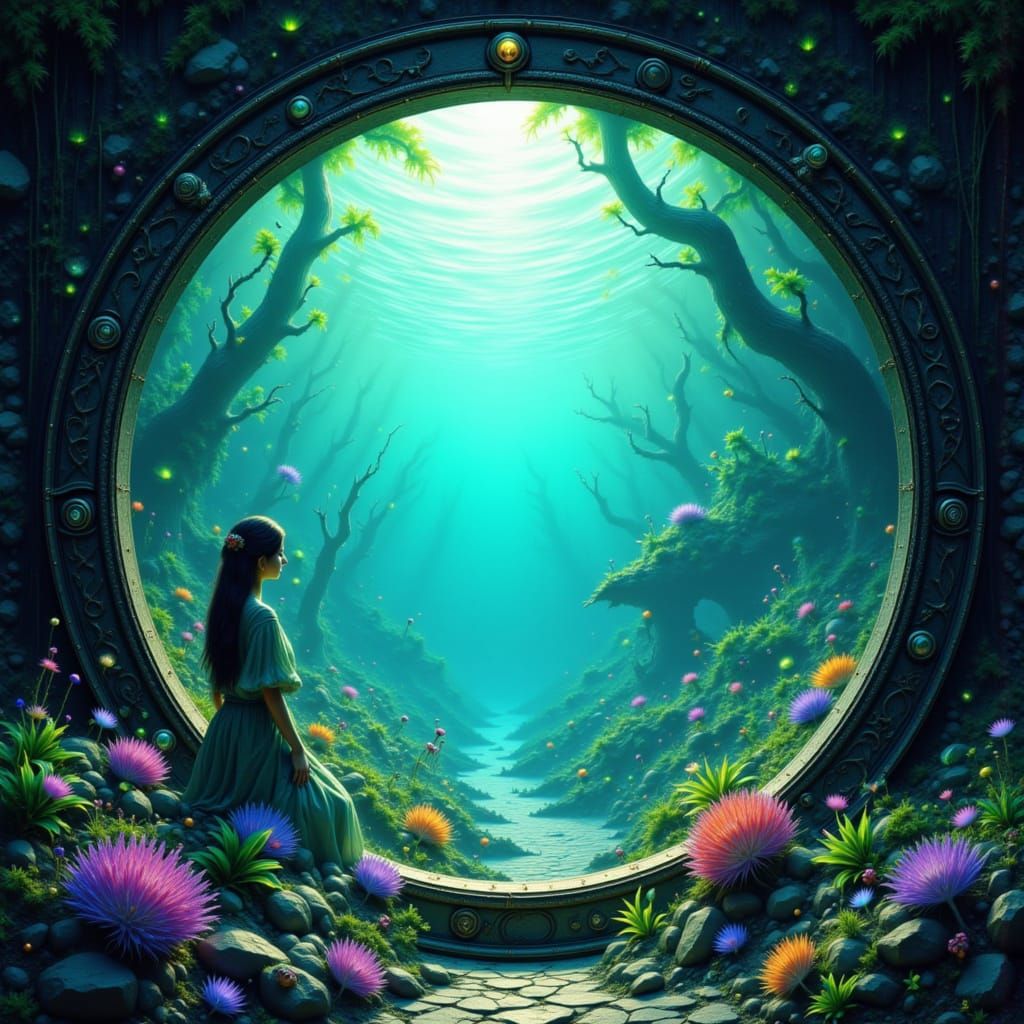 Underwater Dreamscape Through Ornate Window, Detailed Matte ...