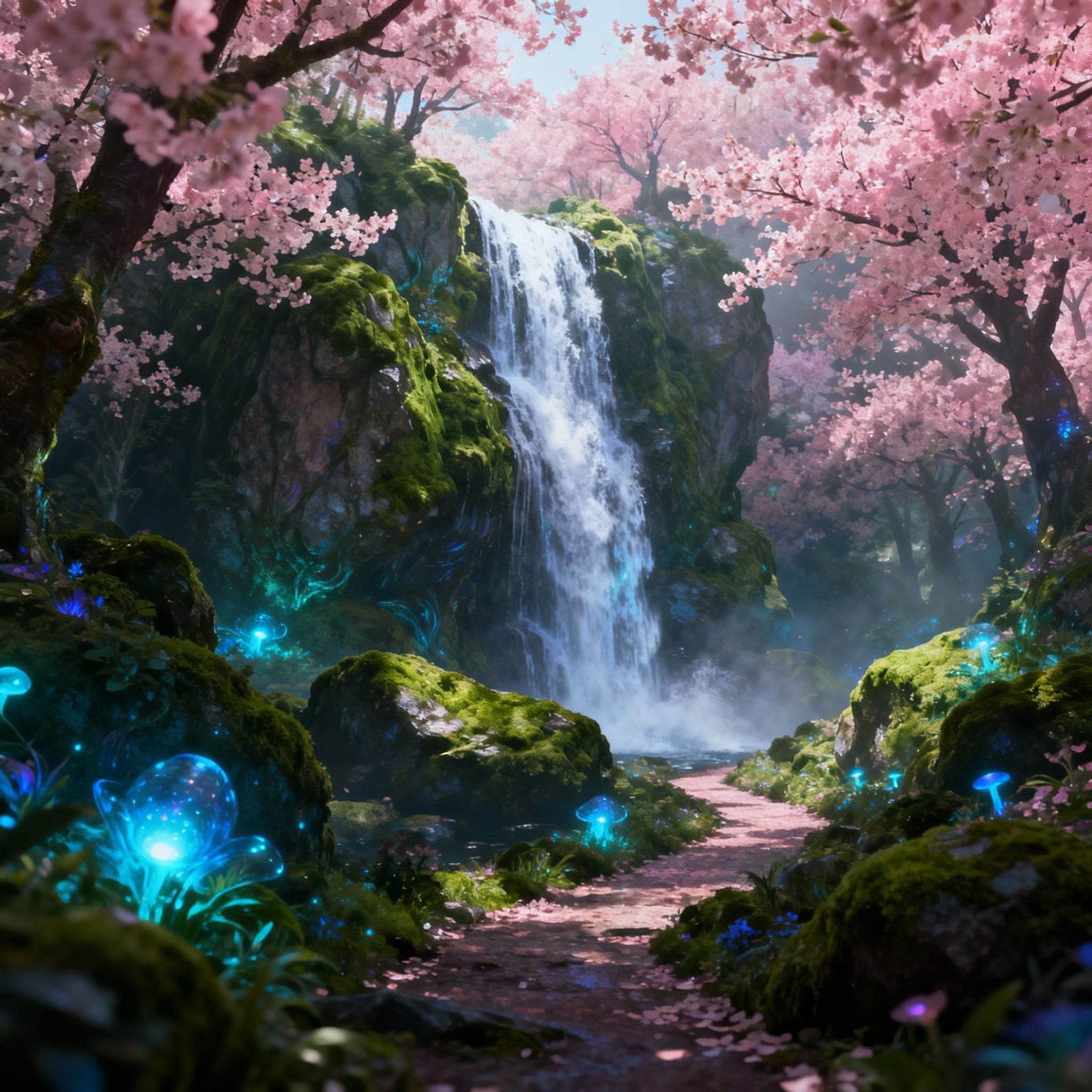 Fantasy Cherry Blossom Forest Waterfall