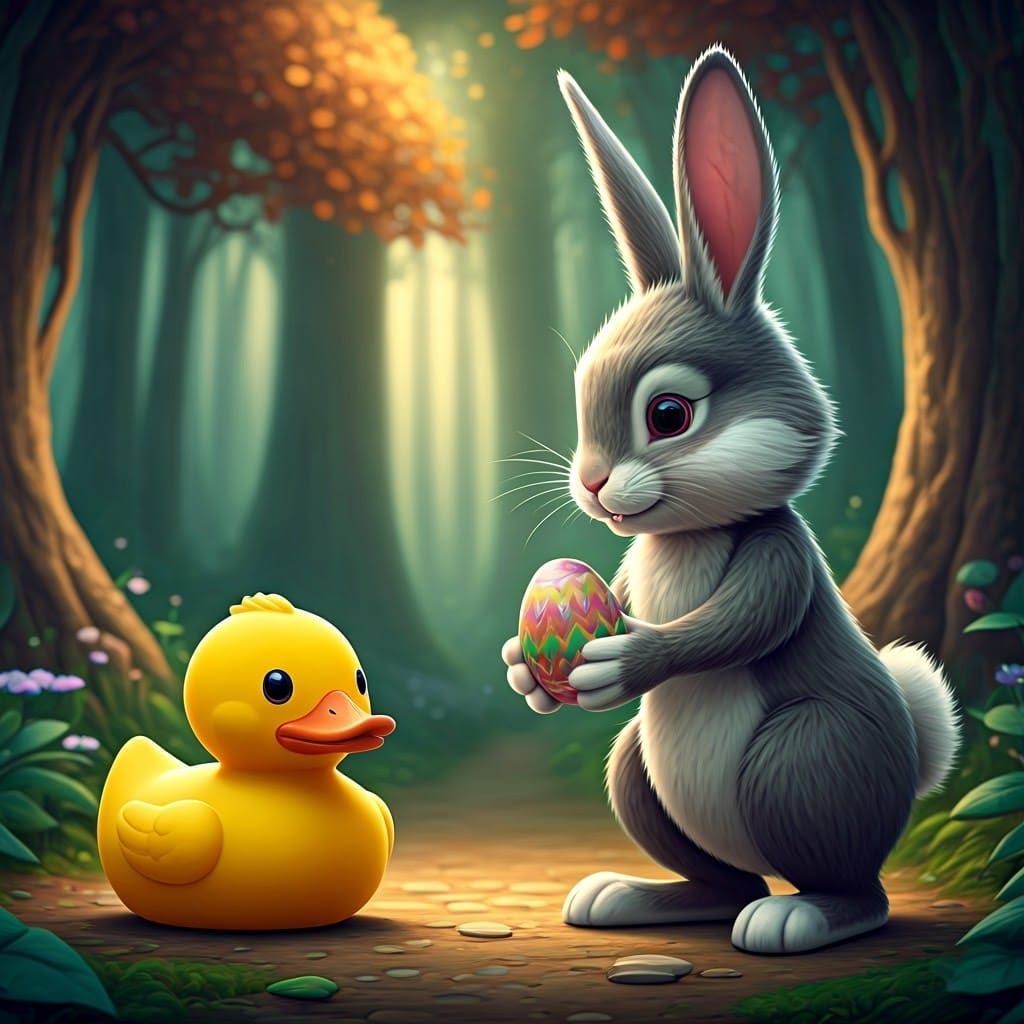 Cute Easter Bunny Meets Rubberduck in Whimsical Forest