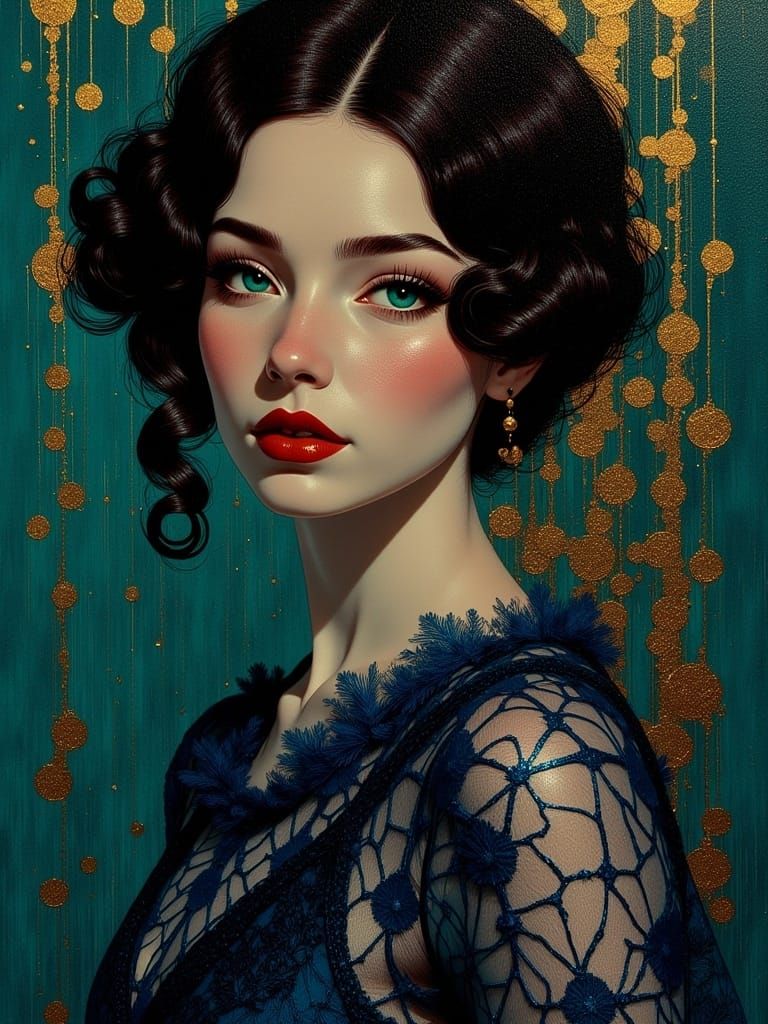 Film Noir Woman Portrait in Gold Glitchcore Style